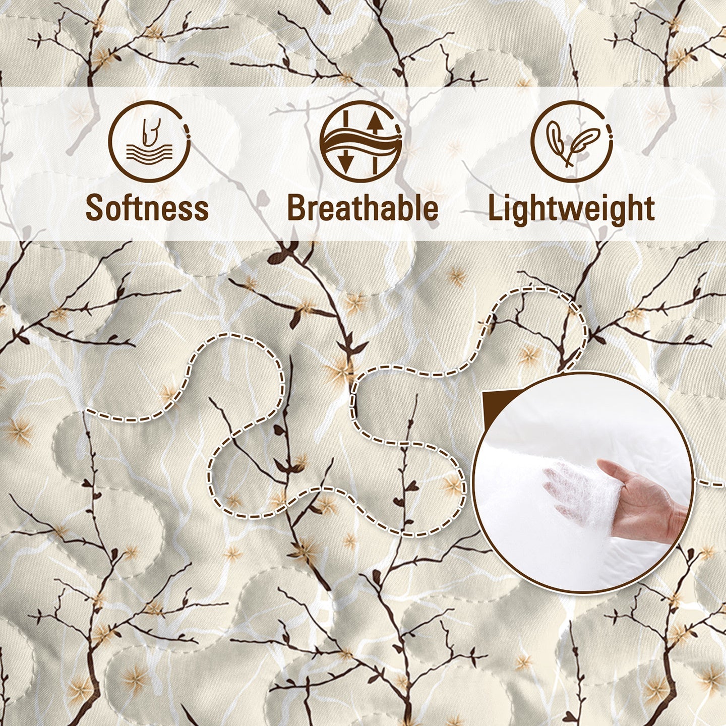 HKM-794131 Minimalist Tree Branch Patterned Quilt Set with 2 Pillow Shams in Multiple Sizes for All Season Use
