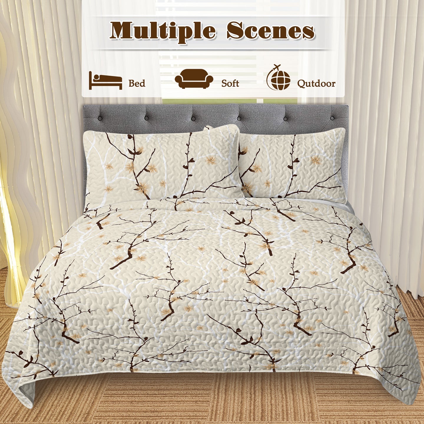 HKM-794131 Minimalist Tree Branch Patterned Quilt Set with 2 Pillow Shams in Multiple Sizes for All Season Use