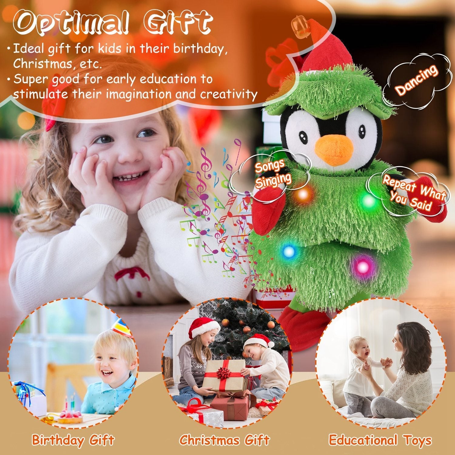 HKM-794259 Dancing Plush Toy - Singing and Mimicking Interactive Penguin, Snowman, or Elk for Kids - Perfect Christmas Gift