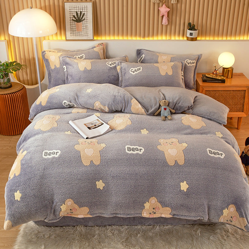 HKM-794451 Coral Fleece Milk Velvet Duvet Cover with Flannel Pillowcase Set - Sleek and Stylish Bedroom Decor