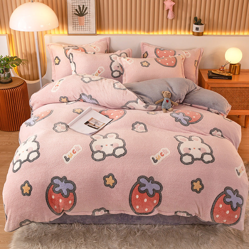 HKM-794451 Coral Fleece Milk Velvet Duvet Cover with Flannel Pillowcase Set - Sleek and Stylish Bedroom Decor
