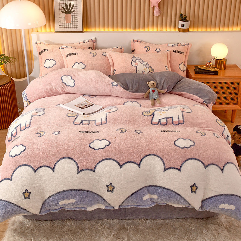 HKM-794451 Coral Fleece Milk Velvet Duvet Cover with Flannel Pillowcase Set - Sleek and Stylish Bedroom Decor