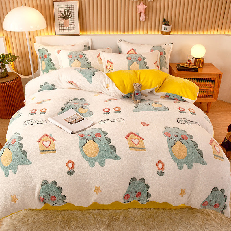 HKM-794451 Coral Fleece Milk Velvet Duvet Cover with Flannel Pillowcase Set - Sleek and Stylish Bedroom Decor