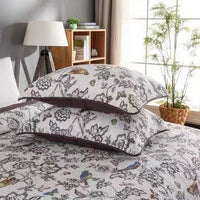 HKM-794451 Pure Cotton 3-Piece Quilt Set with Plant and Flower Design, Light Gray, for Summer and Autumn, Bedspread Style