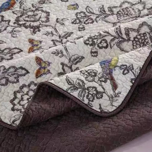 HKM-794451 Pure Cotton 3-Piece Quilt Set with Plant and Flower Design, Light Gray, for Summer and Autumn, Bedspread Style