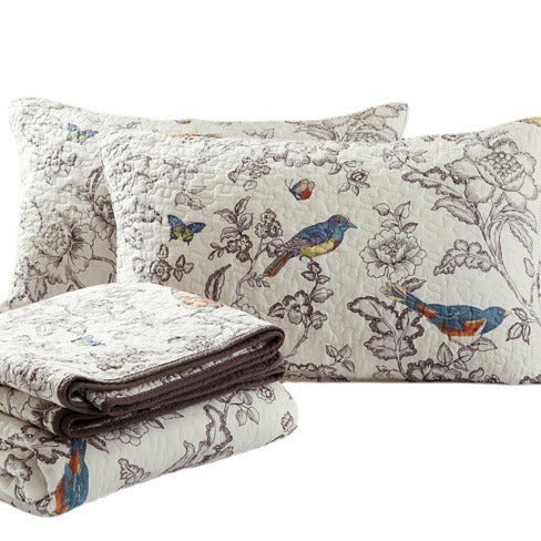 HKM-794451 Pure Cotton 3-Piece Quilt Set with Plant and Flower Design, Light Gray, for Summer and Autumn, Bedspread Style