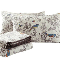 HKM-794451 Pure Cotton 3-Piece Quilt Set with Plant and Flower Design, Light Gray, for Summer and Autumn, Bedspread Style