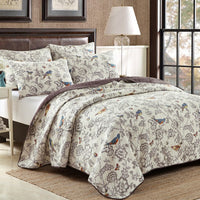 HKM-794451 Pure Cotton 3-Piece Quilt Set with Plant and Flower Design, Light Gray, for Summer and Autumn, Bedspread Style