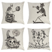 HKM-794963 Halloween Themed Pillow Cover with Skull and Pumpkin Designs - 45x45cm Linen Cushion Case