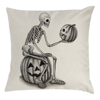 HKM-794963 Halloween Themed Pillow Cover with Skull and Pumpkin Designs - 45x45cm Linen Cushion Case