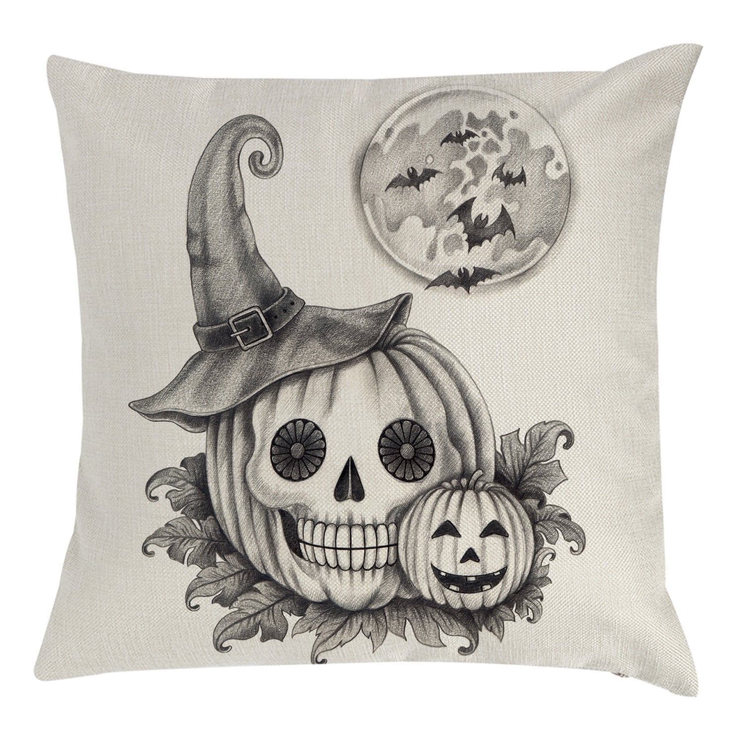 KTX-794963 Halloween Themed Pillow Cover with Skull and Pumpkin Designs - 45x45cm Linen Cushion Case