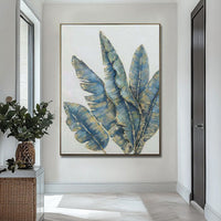 HKM-795219 Handmade Oil Painting - Abstract Green and Gold Banana Leaves on Canvas for Home Décor