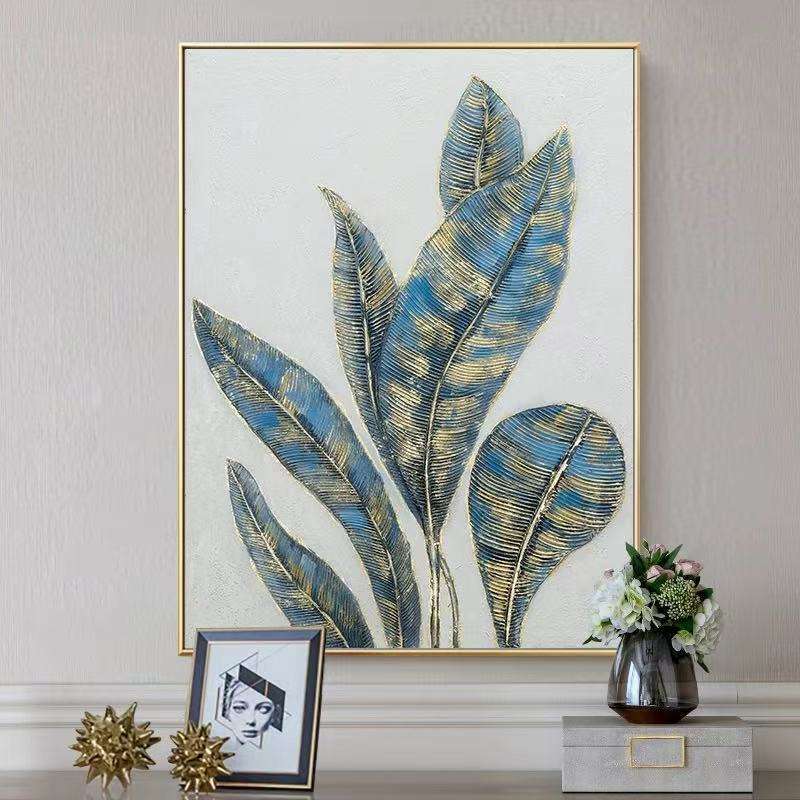 HKM-795219 Handmade Oil Painting - Abstract Green and Gold Banana Leaves on Canvas for Home Décor
