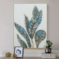 HKM-795219 Handmade Oil Painting - Abstract Green and Gold Banana Leaves on Canvas for Home Décor