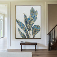 HKM-795219 Handmade Oil Painting - Abstract Green and Gold Banana Leaves on Canvas for Home Décor