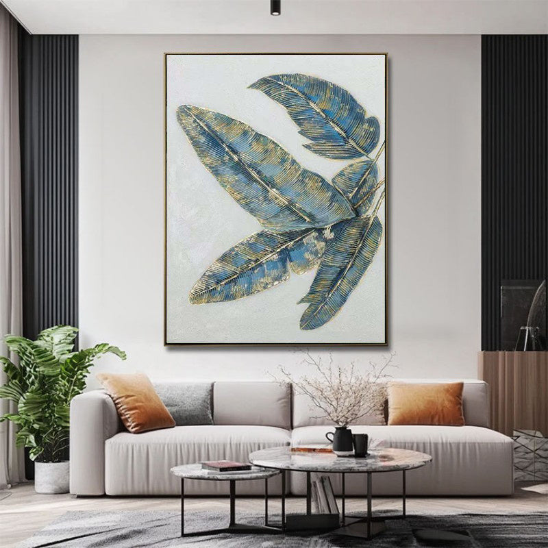 HKM-795219 Handmade Oil Painting - Abstract Green and Gold Banana Leaves on Canvas for Home Décor