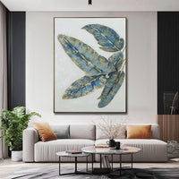 HKM-795219 Handmade Oil Painting - Abstract Green and Gold Banana Leaves on Canvas for Home Décor