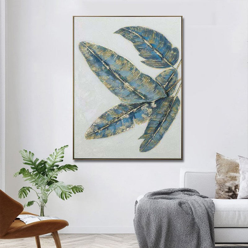 HKM-795219 Handmade Oil Painting - Abstract Green and Gold Banana Leaves on Canvas for Home Décor