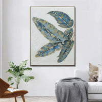 HKM-795219 Handmade Oil Painting - Abstract Green and Gold Banana Leaves on Canvas for Home Décor
