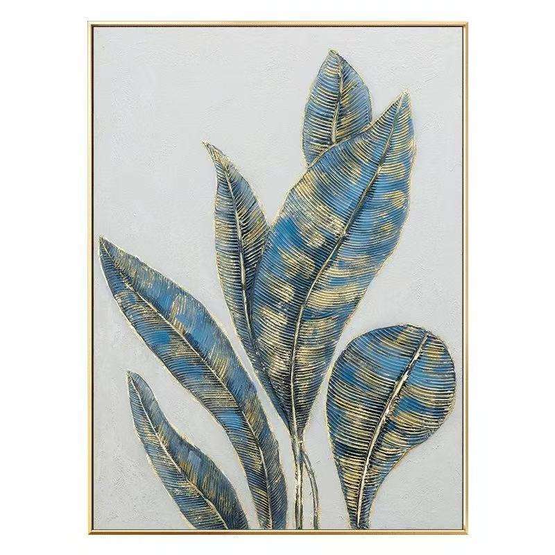 HKM-795219 Handmade Oil Painting - Abstract Green and Gold Banana Leaves on Canvas for Home Décor