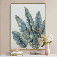 HKM-795219 Handmade Oil Painting - Abstract Green and Gold Banana Leaves on Canvas for Home Décor