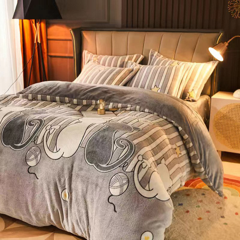 HKM-795283 Warm Carved Crystal Velvet Four-Piece Bed Sheet Set with Flannel Blanket in Light Gray