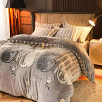 HKM-795283 Warm Carved Crystal Velvet Four-Piece Bed Sheet Set with Flannel Blanket in Light Gray