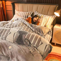 HKM-795283 Warm Carved Crystal Velvet Four-Piece Bed Sheet Set with Flannel Blanket in Light Gray