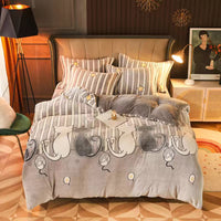 HKM-795283 Warm Carved Crystal Velvet Four-Piece Bed Sheet Set with Flannel Blanket in Light Gray