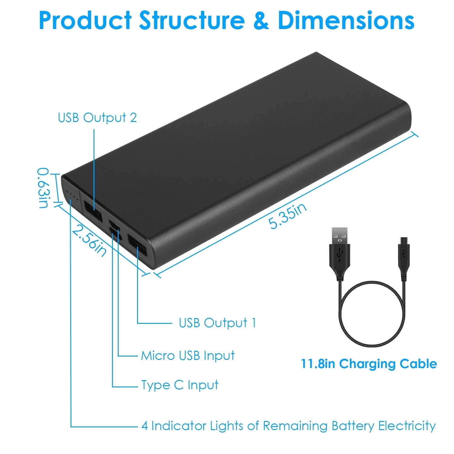 HKM-795667 20000mAh Portable Power Bank with Dual USB Output, Type C and Micro USB Inputs, Compact Design for Travel