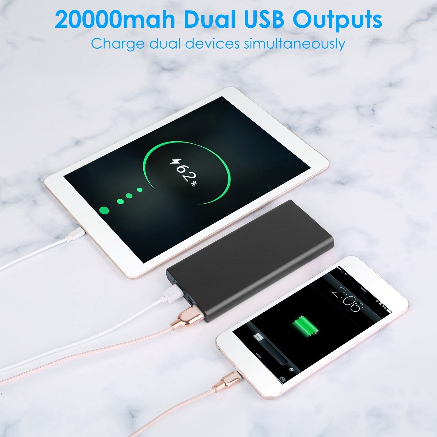 HKM-795667 20000mAh Portable Power Bank with Dual USB Output, Type C and Micro USB Inputs, Compact Design for Travel