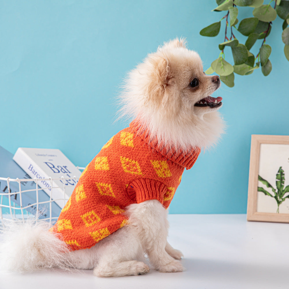 HKM-797011 High-Neck Wool Dog Sweater for Small and Medium Dogs - Cozy Summer Apparel in Dark Brown, Coral, and Dark Gray