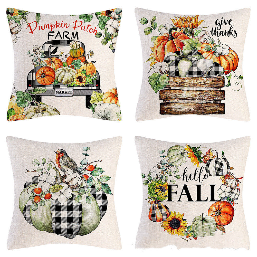 HKM-797715 Autumn Pumpkin Maple Leaf Truck Pillow Cover for Home Living Room Décor 45x45cm