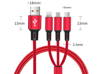 HKM-797971 Three-in-One Data Cable for Mobile Devices - Compatible with Android, iPhone, and Type-C Devices - Durable Metal and Nylon Braid Construction - Universal Fit