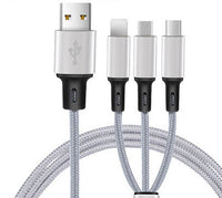 HKM-797971 Three-in-One Data Cable for Mobile Devices - Compatible with Android, iPhone, and Type-C Devices - Durable Metal and Nylon Braid Construction - Universal Fit