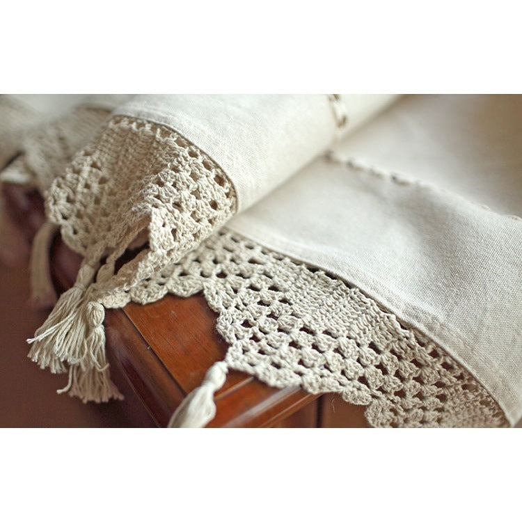 HKM-798291 Coarse Cotton Linen Crochet Coffee Rod Curtain - American Style, 150CM x 45CM, Ideal for Living Room, Bedroom, Balcony