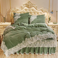 HKM-798739 Crystal Velvet Quilted Bed Skirt Set with Lace Embroidery - Four-Piece – Available in Multiple Colors