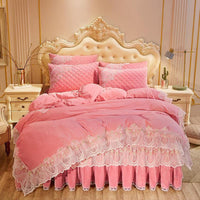HKM-798739 Crystal Velvet Quilted Bed Skirt Set with Lace Embroidery - Four-Piece – Available in Multiple Colors