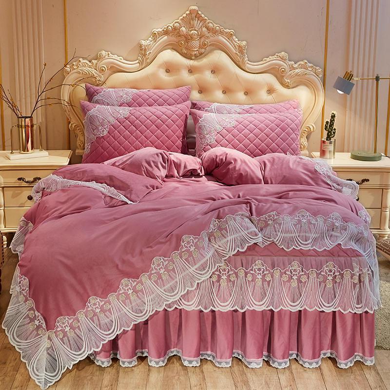 HKM-798739 Crystal Velvet Quilted Bed Skirt Set with Lace Embroidery - Four-Piece – Available in Multiple Colors