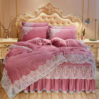 HKM-798739 Crystal Velvet Quilted Bed Skirt Set with Lace Embroidery - Four-Piece – Available in Multiple Colors