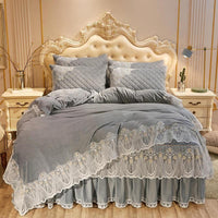 HKM-798739 Crystal Velvet Quilted Bed Skirt Set with Lace Embroidery - Four-Piece – Available in Multiple Colors