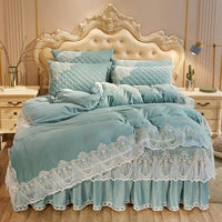 HKM-798739 Crystal Velvet Quilted Bed Skirt Set with Lace Embroidery - Four-Piece – Available in Multiple Colors
