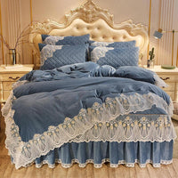 HKM-798739 Crystal Velvet Quilted Bed Skirt Set with Lace Embroidery - Four-Piece – Available in Multiple Colors