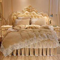 HKM-798739 Crystal Velvet Quilted Bed Skirt Set with Lace Embroidery - Four-Piece – Available in Multiple Colors