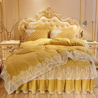 HKM-798739 Crystal Velvet Quilted Bed Skirt Set with Lace Embroidery - Four-Piece – Available in Multiple Colors