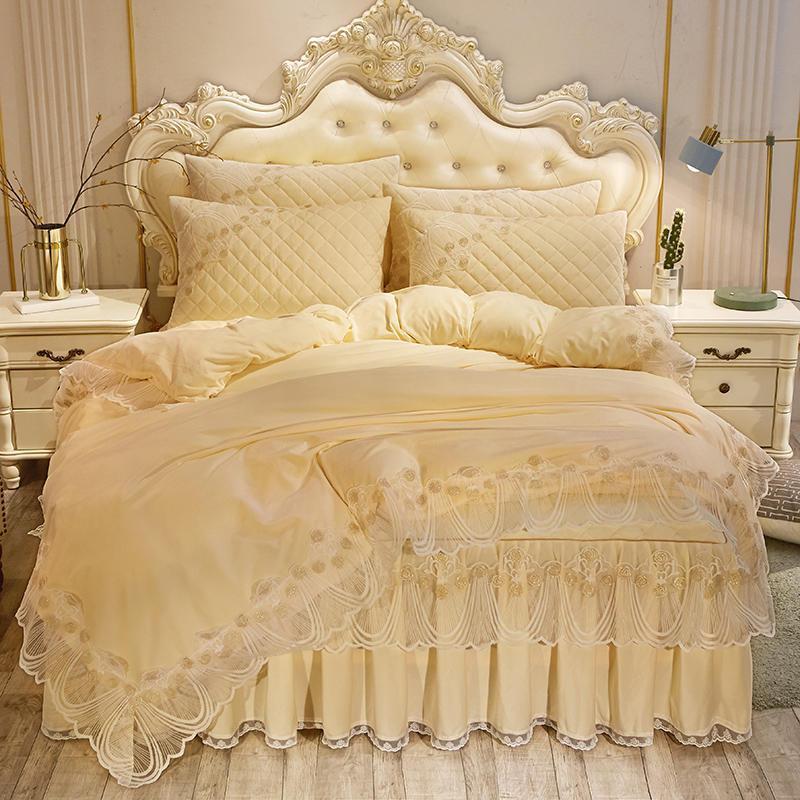 HKM-798739 Crystal Velvet Quilted Bed Skirt Set with Lace Embroidery - Four-Piece – Available in Multiple Colors
