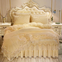 HKM-798739 Crystal Velvet Quilted Bed Skirt Set with Lace Embroidery - Four-Piece – Available in Multiple Colors