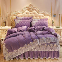 HKM-798739 Crystal Velvet Quilted Bed Skirt Set with Lace Embroidery - Four-Piece – Available in Multiple Colors