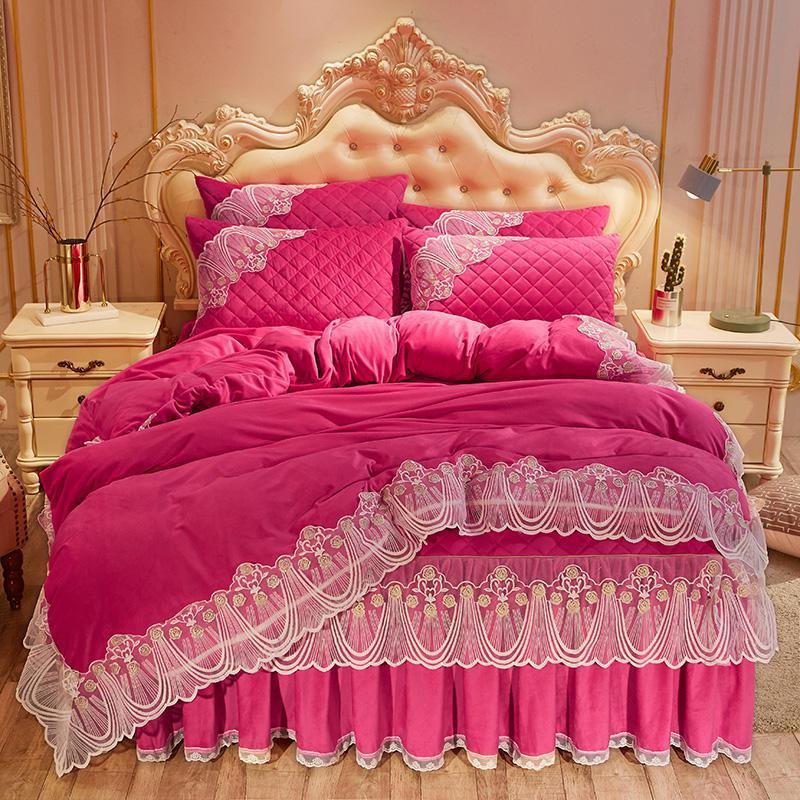 HKM-798739 Crystal Velvet Quilted Bed Skirt Set with Lace Embroidery - Four-Piece – Available in Multiple Colors