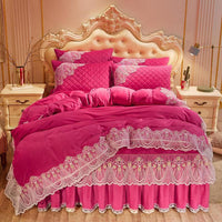 HKM-798739 Crystal Velvet Quilted Bed Skirt Set with Lace Embroidery - Four-Piece – Available in Multiple Colors